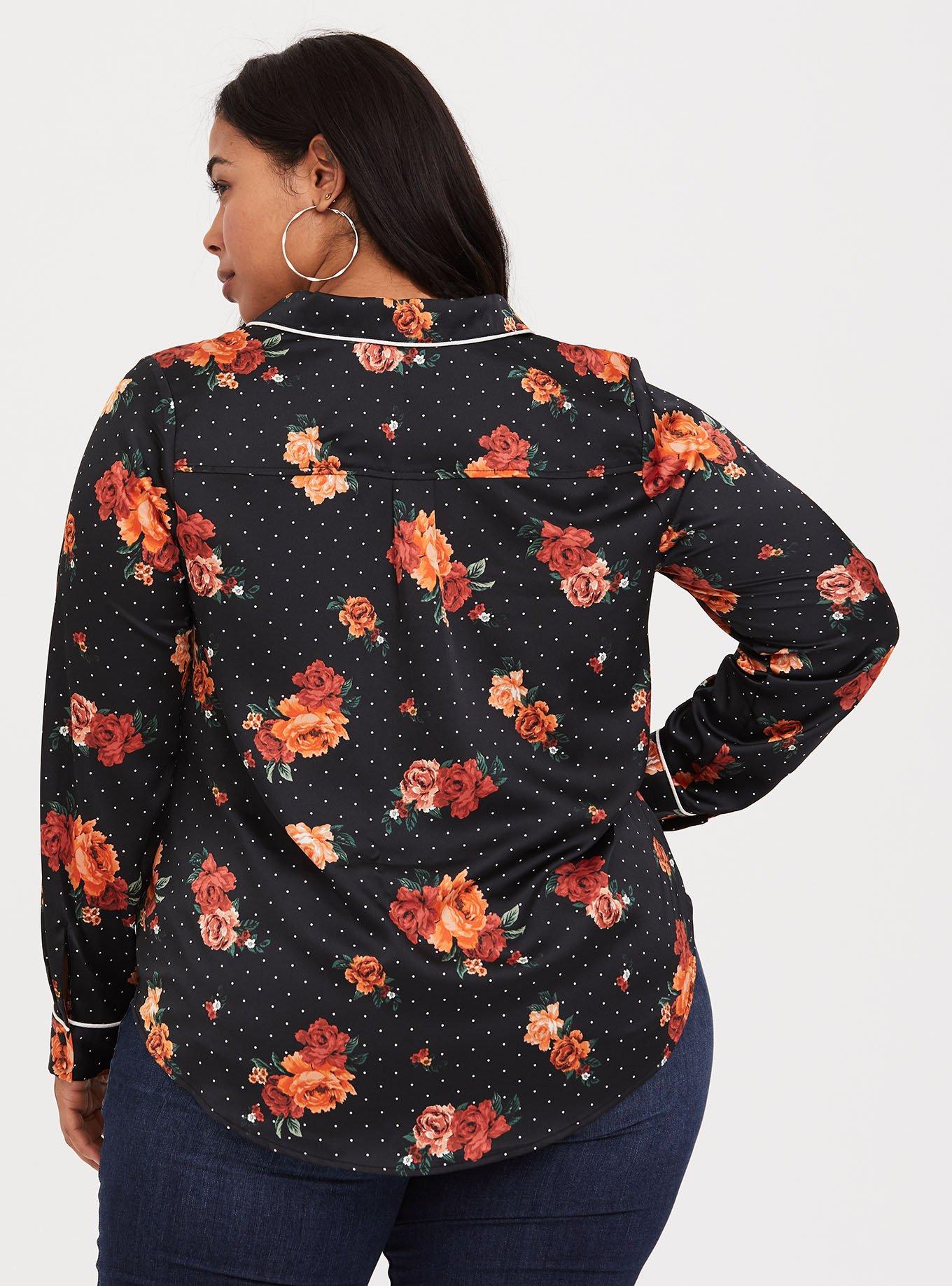 Black Floral Satin Pajama Blouse, NONEC, alternate