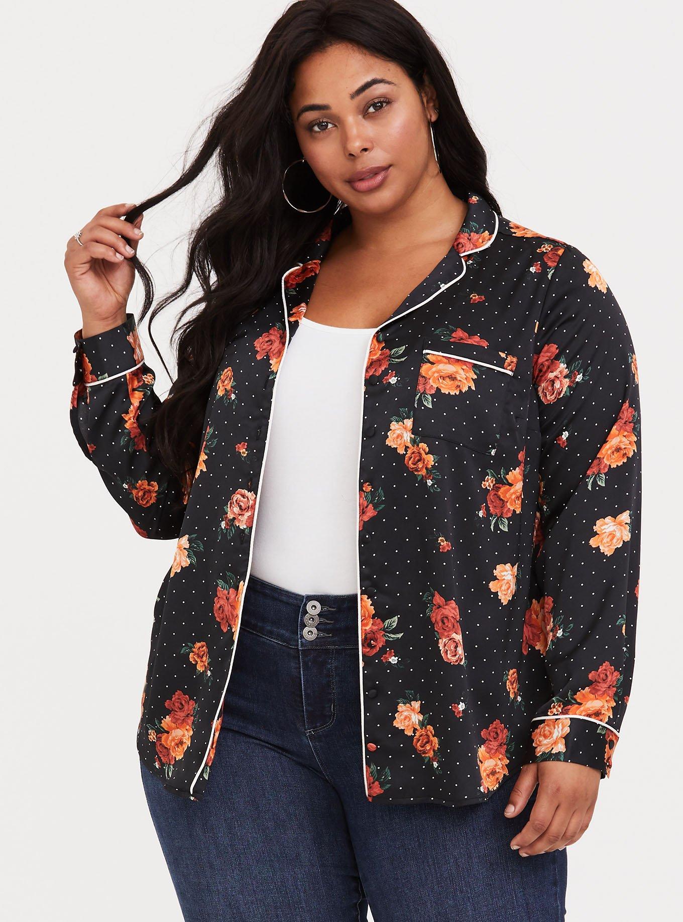 Black Floral Satin Pajama Blouse, NONEC, alternate