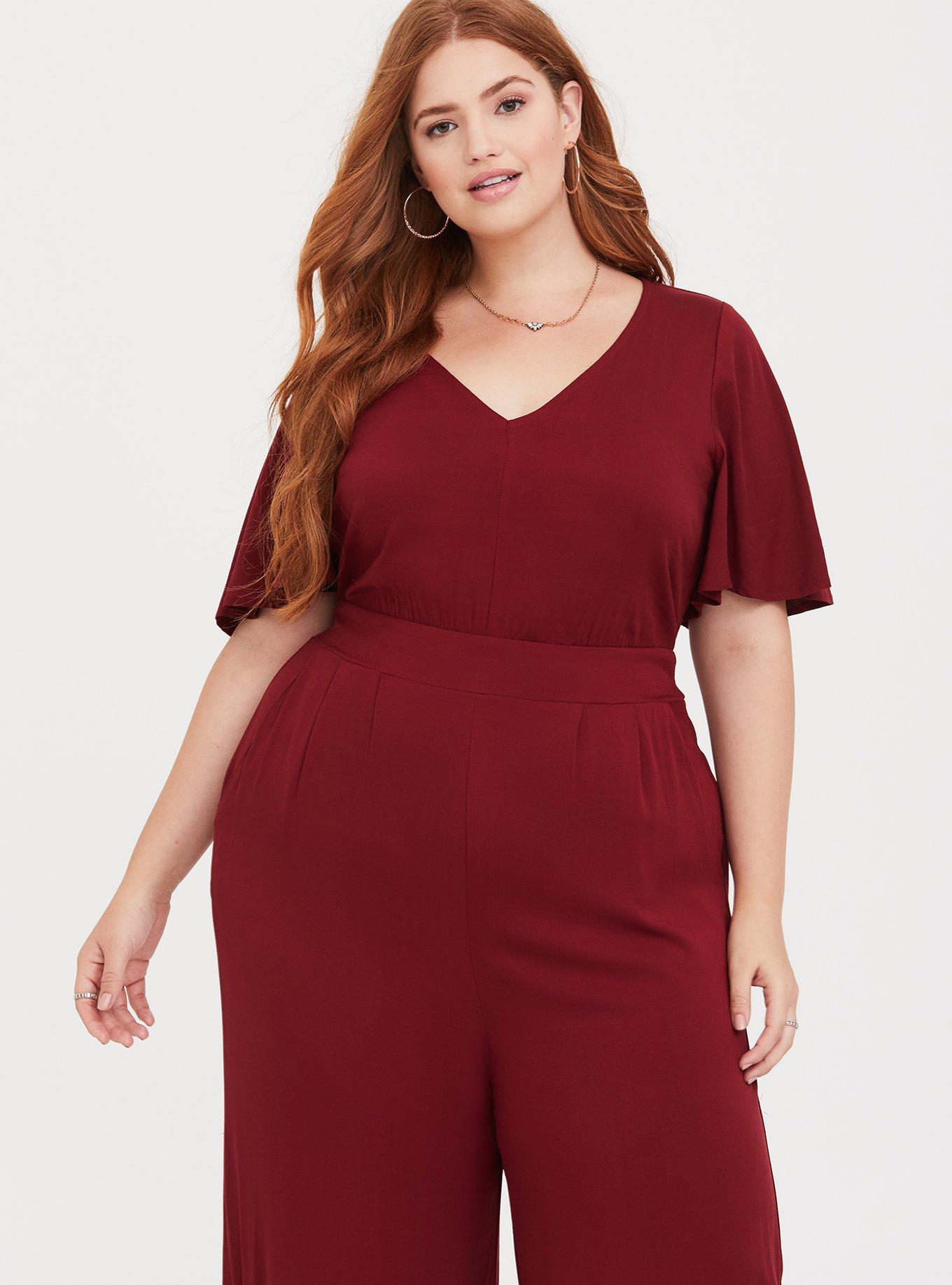Burgundy Wide Leg Challis Jumpsuit, BURGUNDY, alternate