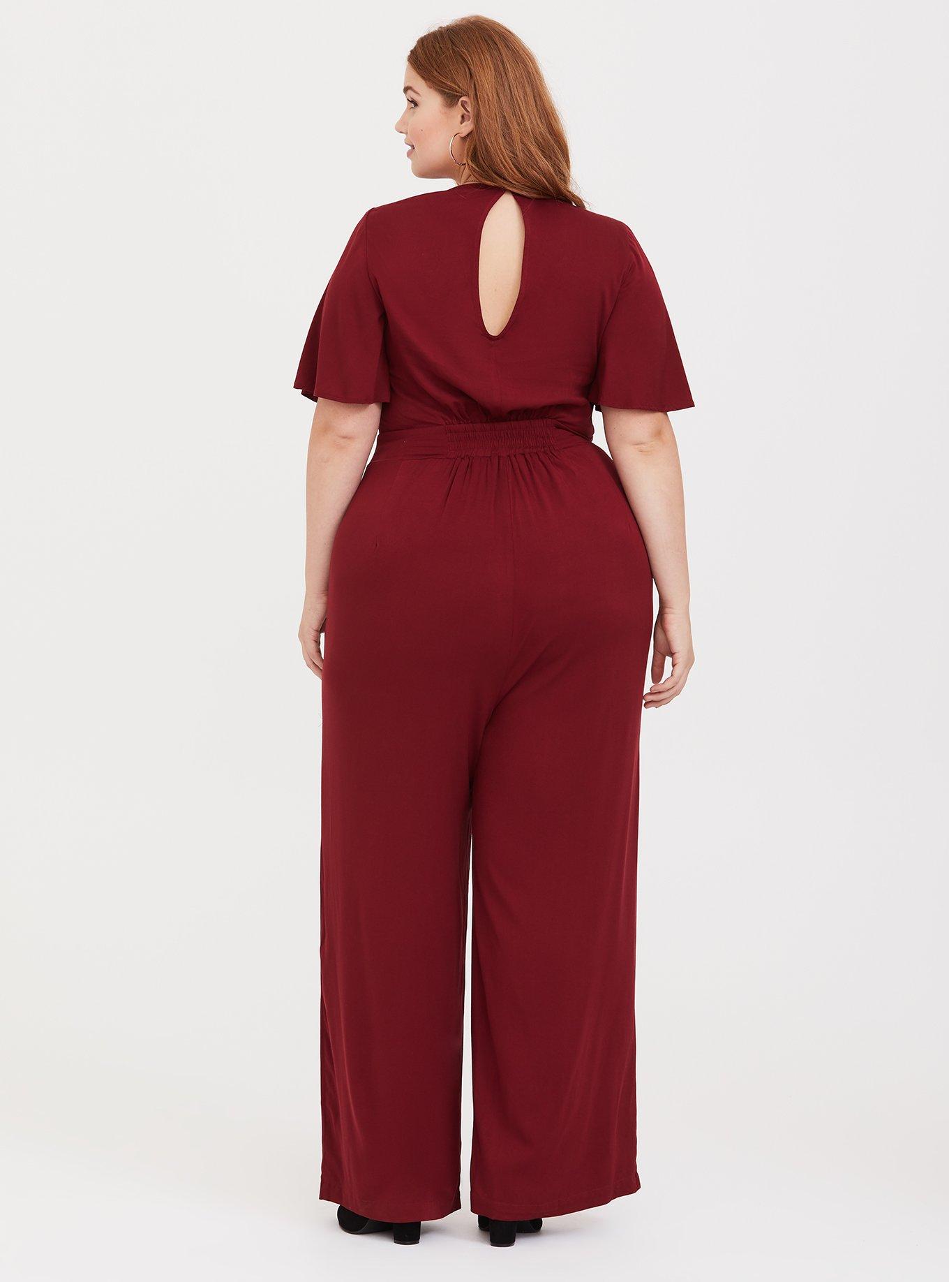 Burgundy Wide Leg Challis Jumpsuit, BURGUNDY, alternate