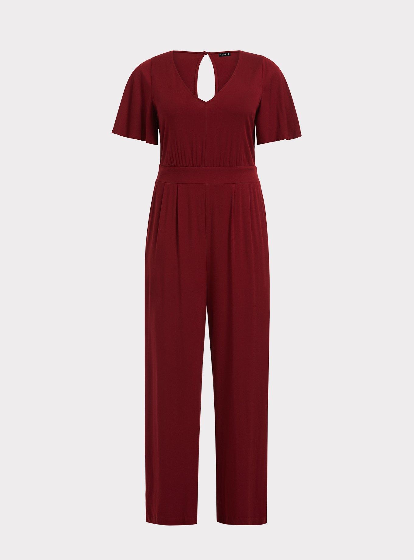 Plus Size Burgundy Wide Leg Challis Jumpsuit, , hi-res