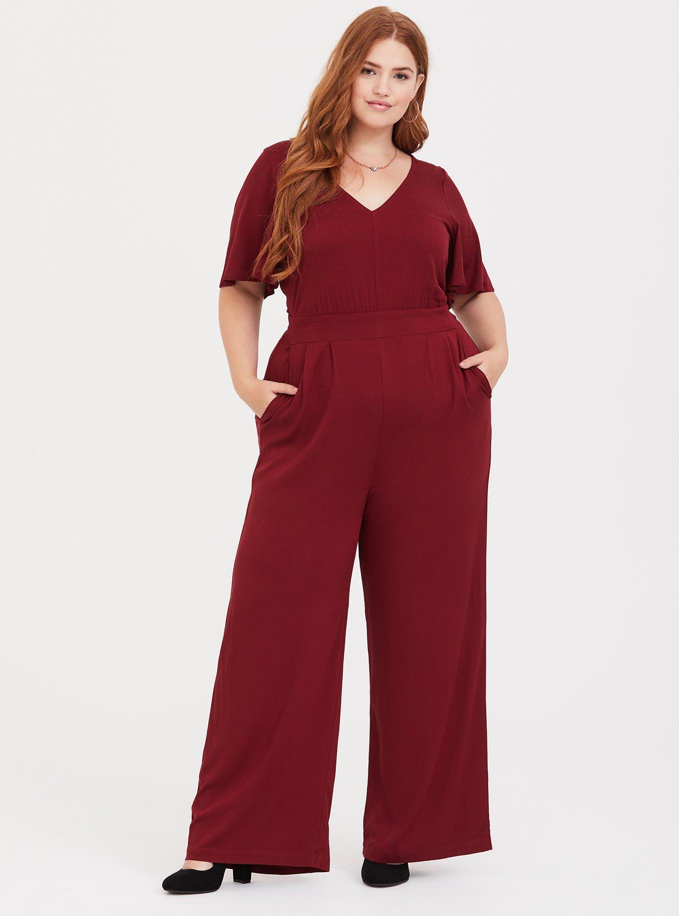 Plus Size Burgundy Wide Leg Challis Jumpsuit, , hi-res