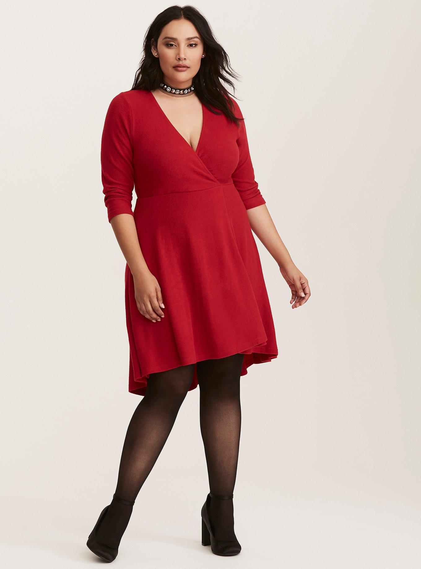 Plus Size Mini Hacci Wrap Dress, RED, alternate