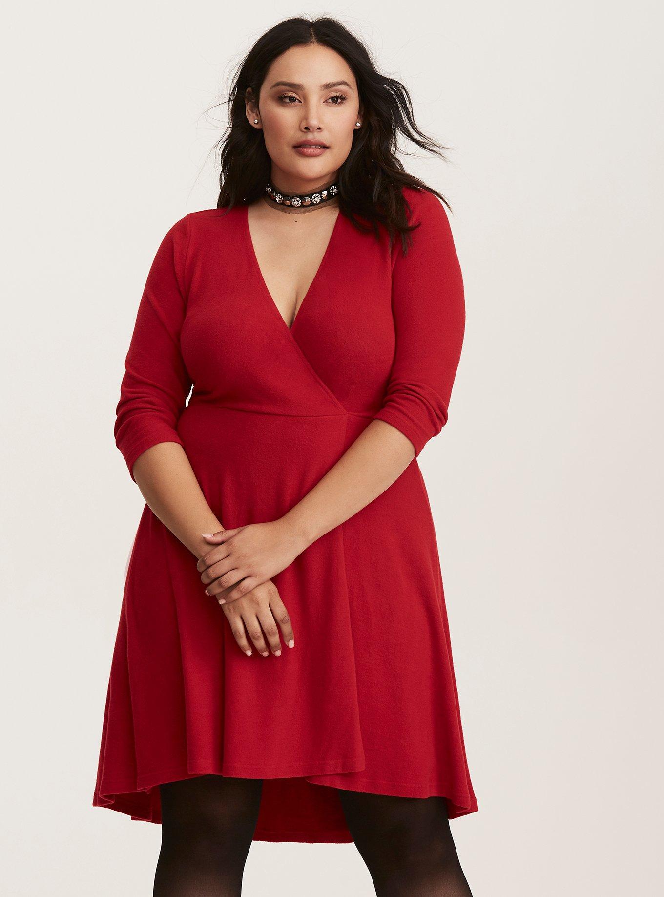 Plus Size Mini Hacci Wrap Dress, RED, hi-res