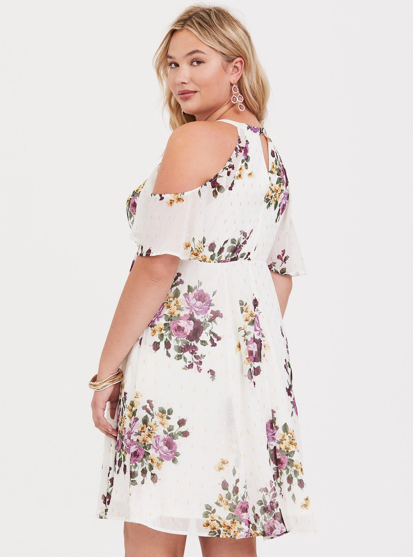 Plus Size - Ivory Floral High Neck Chiffon Skater Dress - Torrid