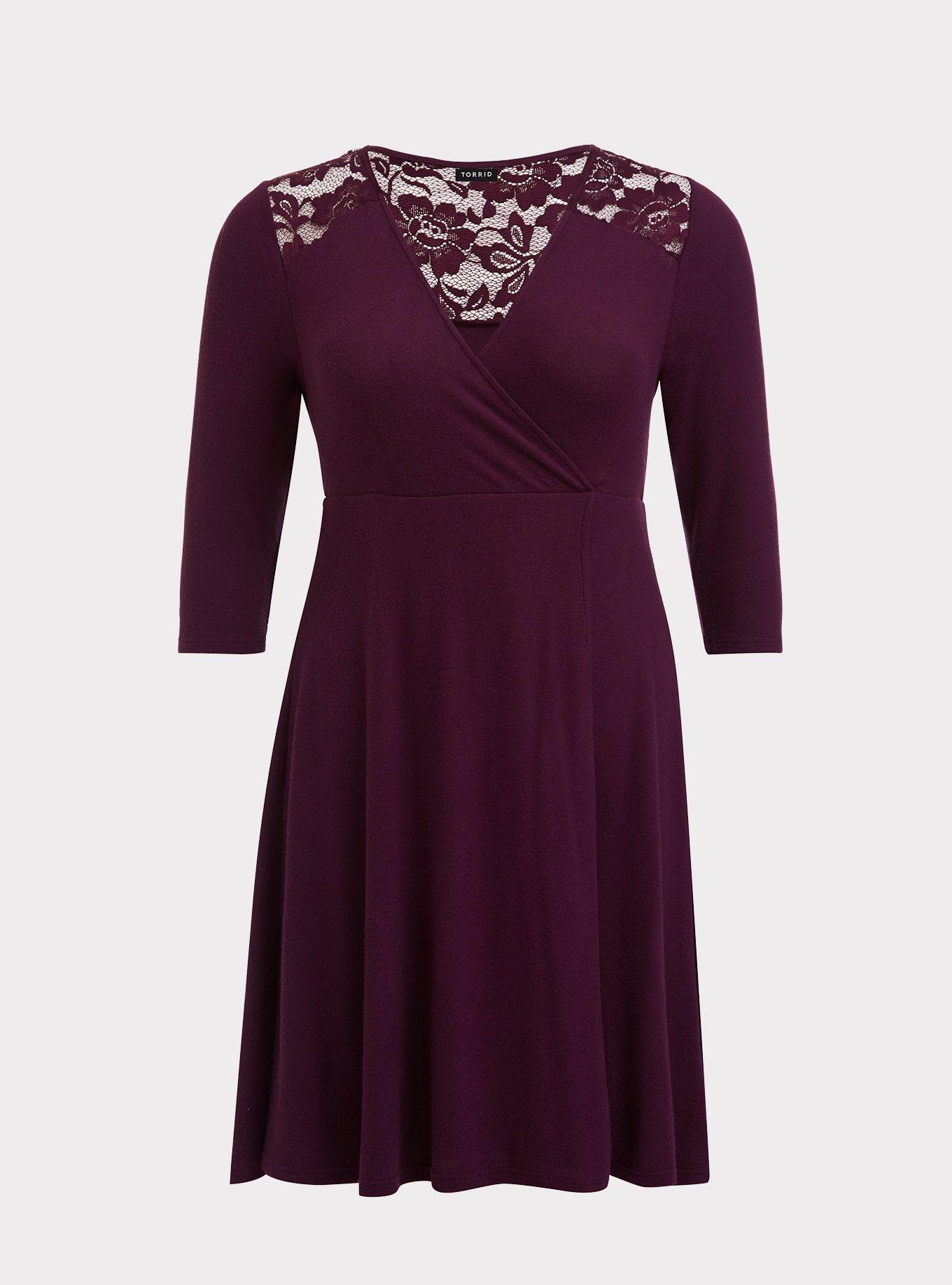 Purple 3/4 Sleeve Wrap Dress, NONEC, hi-res