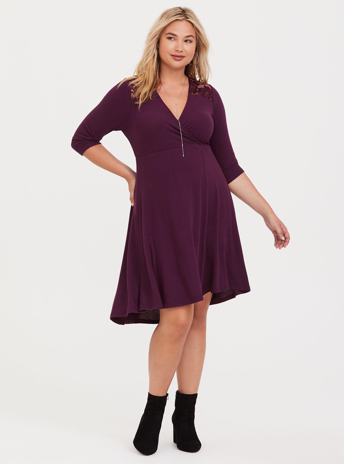 Purple 3/4 Sleeve Wrap Dress, NONEC, hi-res