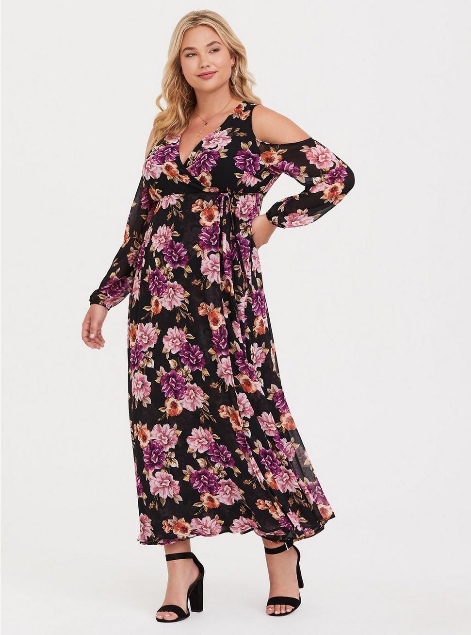 Plus Size - Black Floral Cold Shoulder Chiffon Maxi Dress - Torrid