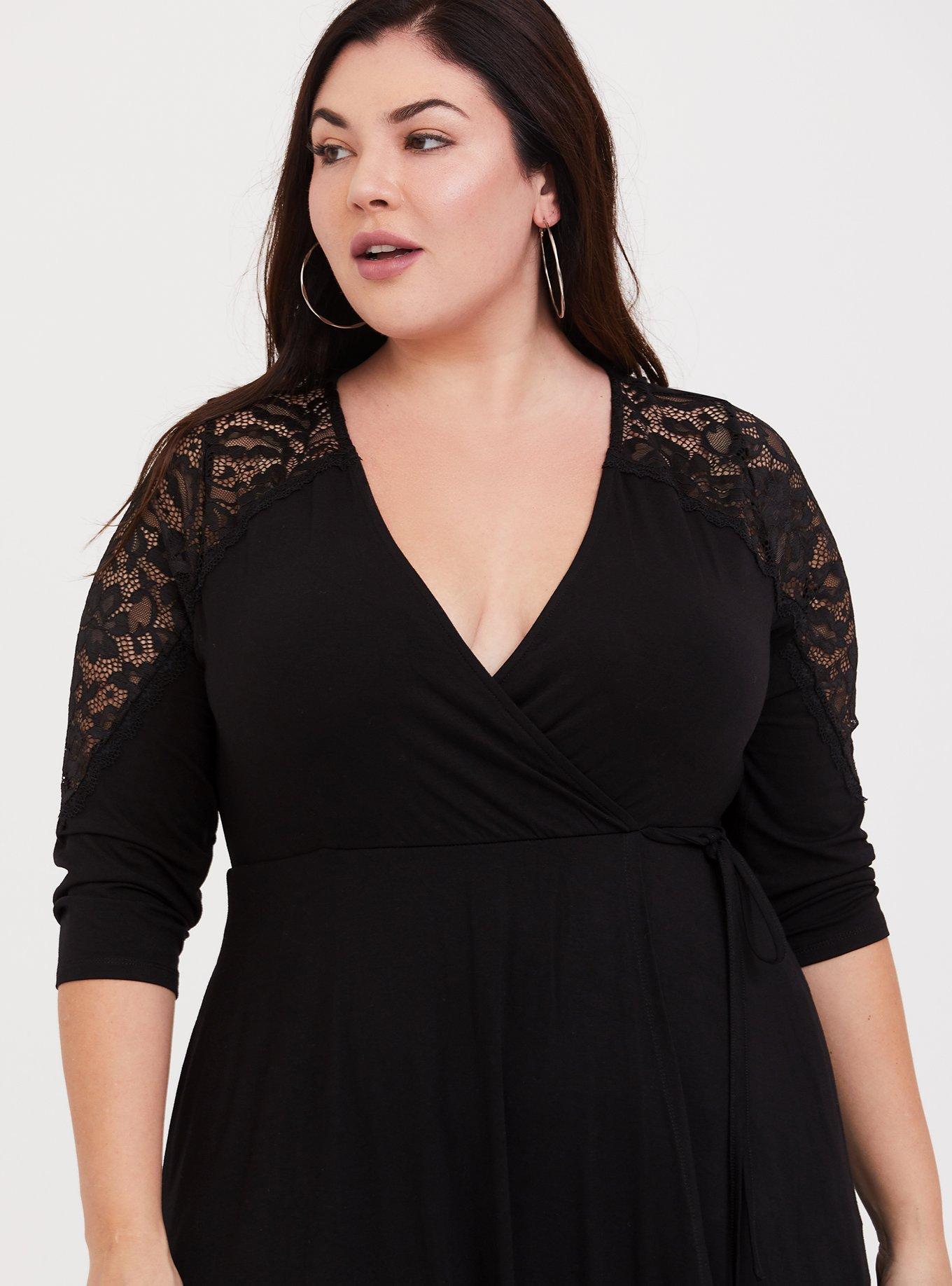 Plus Size Black Lace Inset Jersey Wrap Dress Torrid