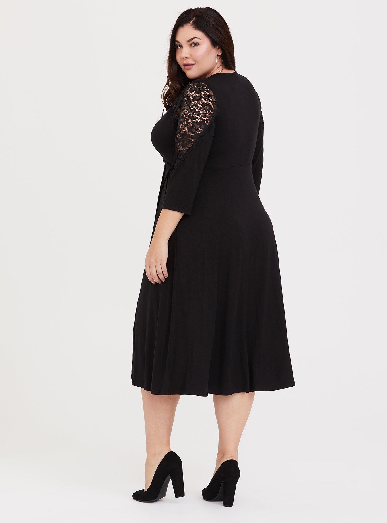 Plus Size - Black Lace Inset Jersey Wrap Dress - Torrid