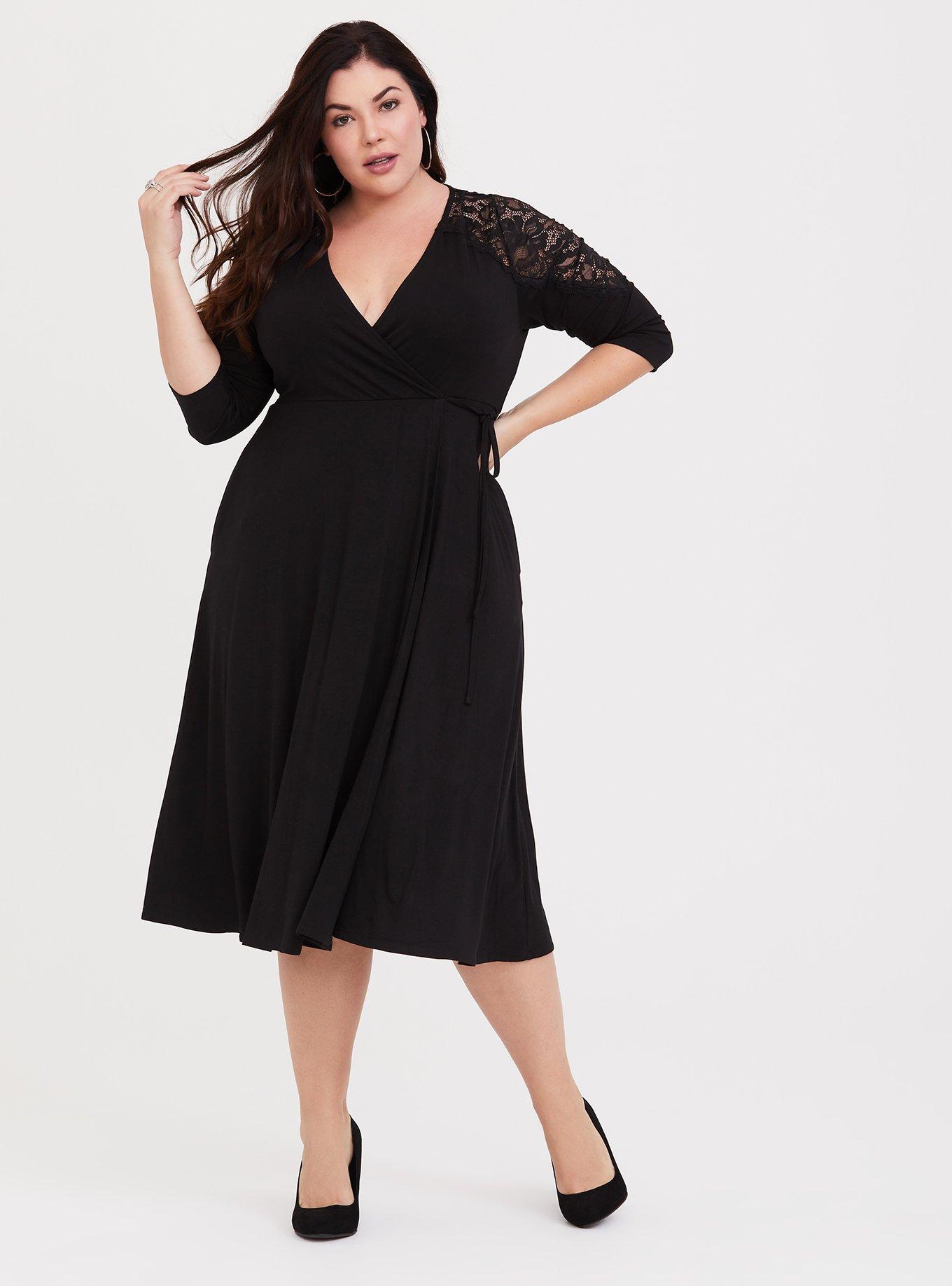 Plus Size - Black Lace Inset Jersey Wrap Dress - Torrid