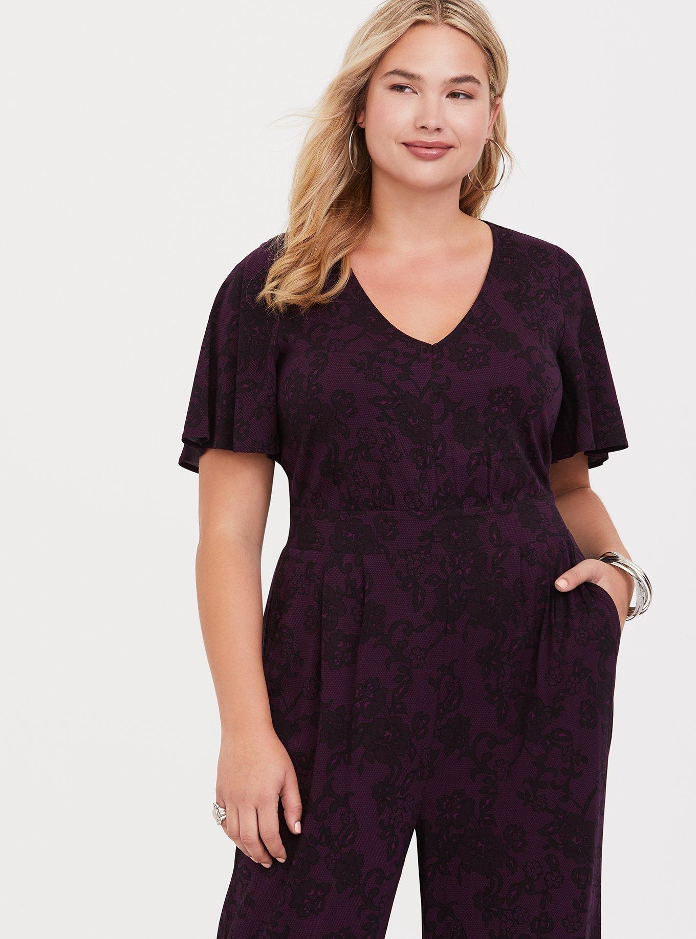 Plus Size Purple Lace Print Wide Leg Challis Jumpsuit Torrid