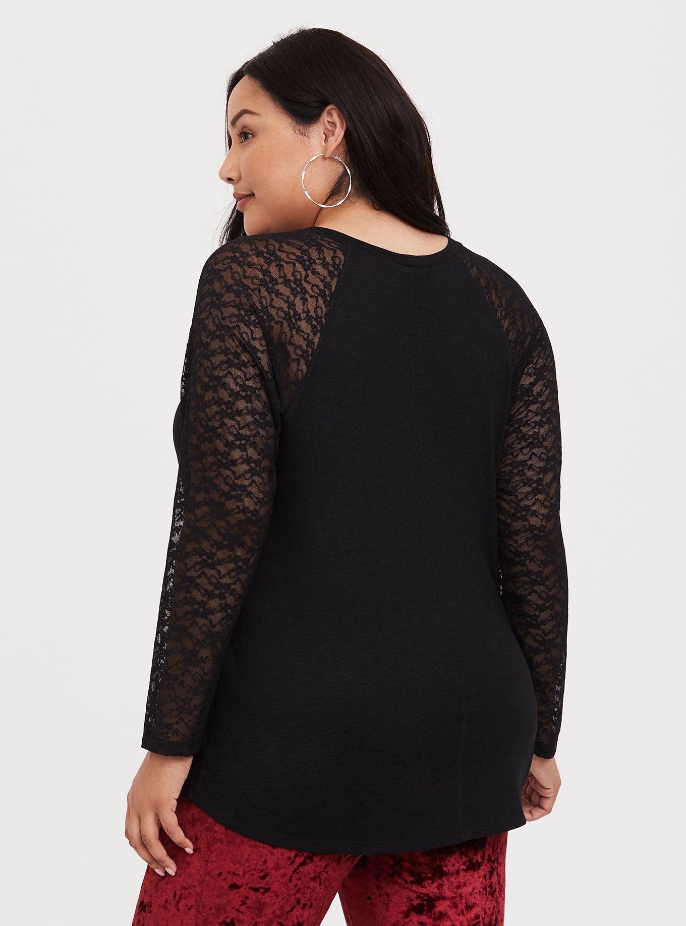 Plus Size Black Lace Raglan Tee, DEEP BLACK, alternate