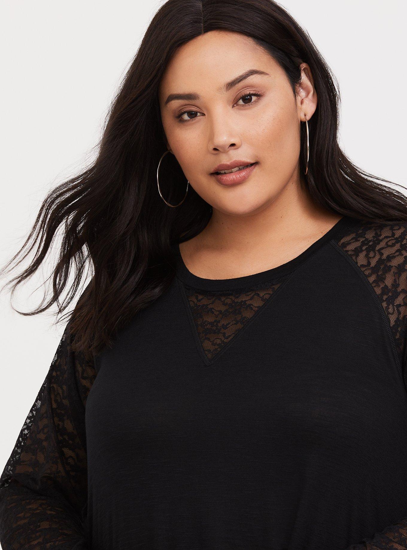 Plus Size Black Lace Raglan Tee, DEEP BLACK, alternate