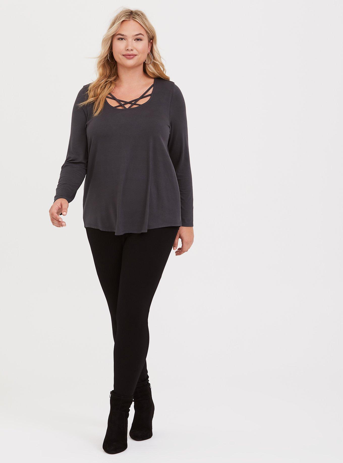 Plus Size Super Soft Strappy Scoop Neck Long Sleeve Tunic Tee, HEATHER GREY, alternate