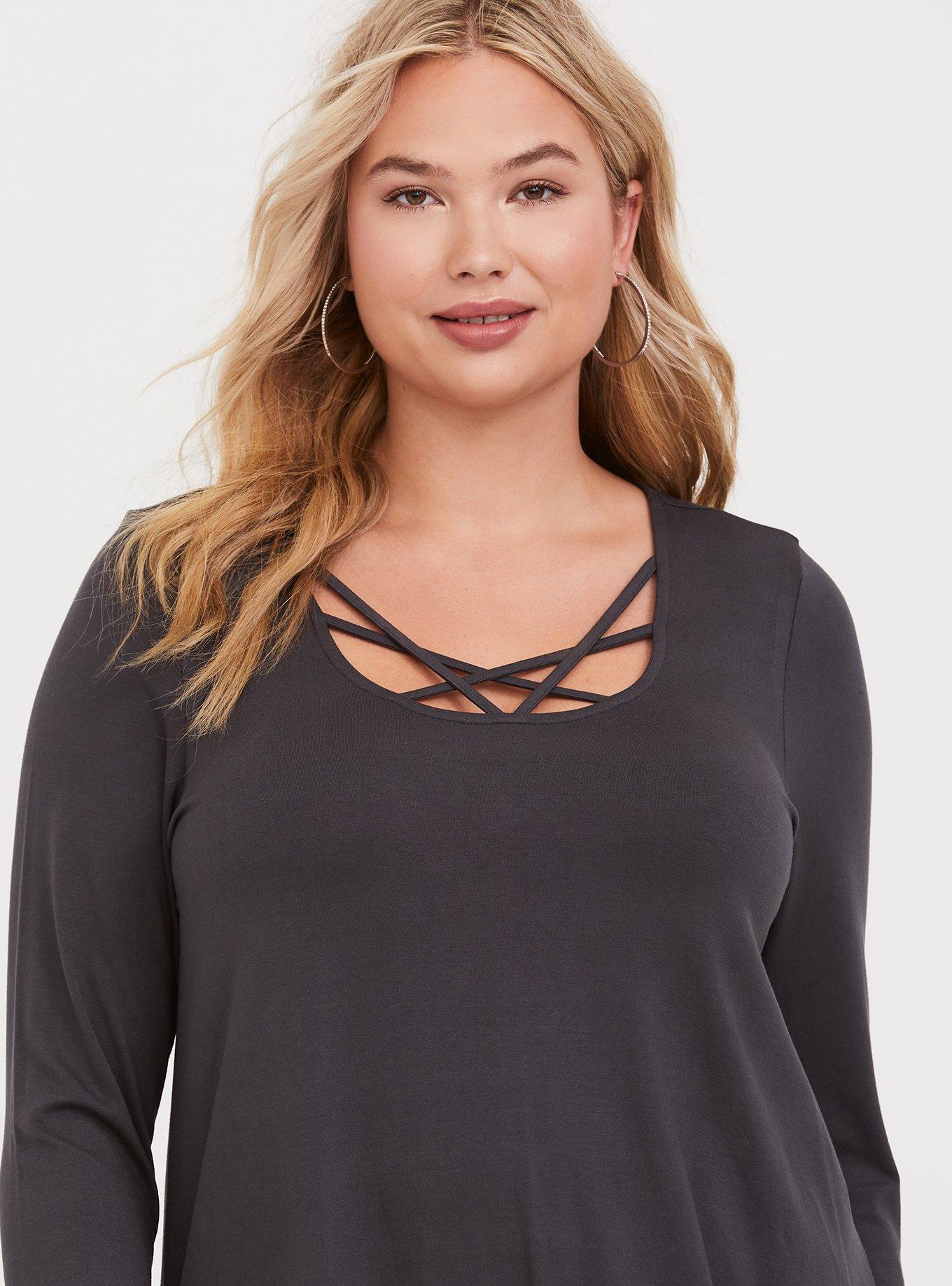Plus Size Super Soft Strappy Scoop Neck Long Sleeve Tunic Tee, HEATHER GREY, alternate