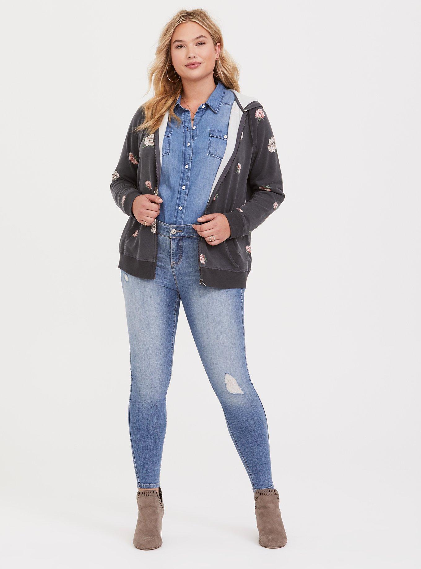 Plus Size Grey Floral Zip Hooded Jacket, FLORAL PRINT, alternate