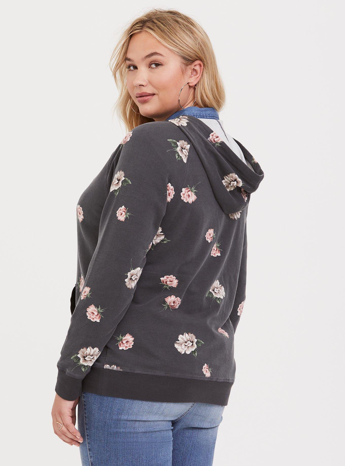 Plus Size Grey Floral Zip Hooded Jacket, FLORAL PRINT, alternate