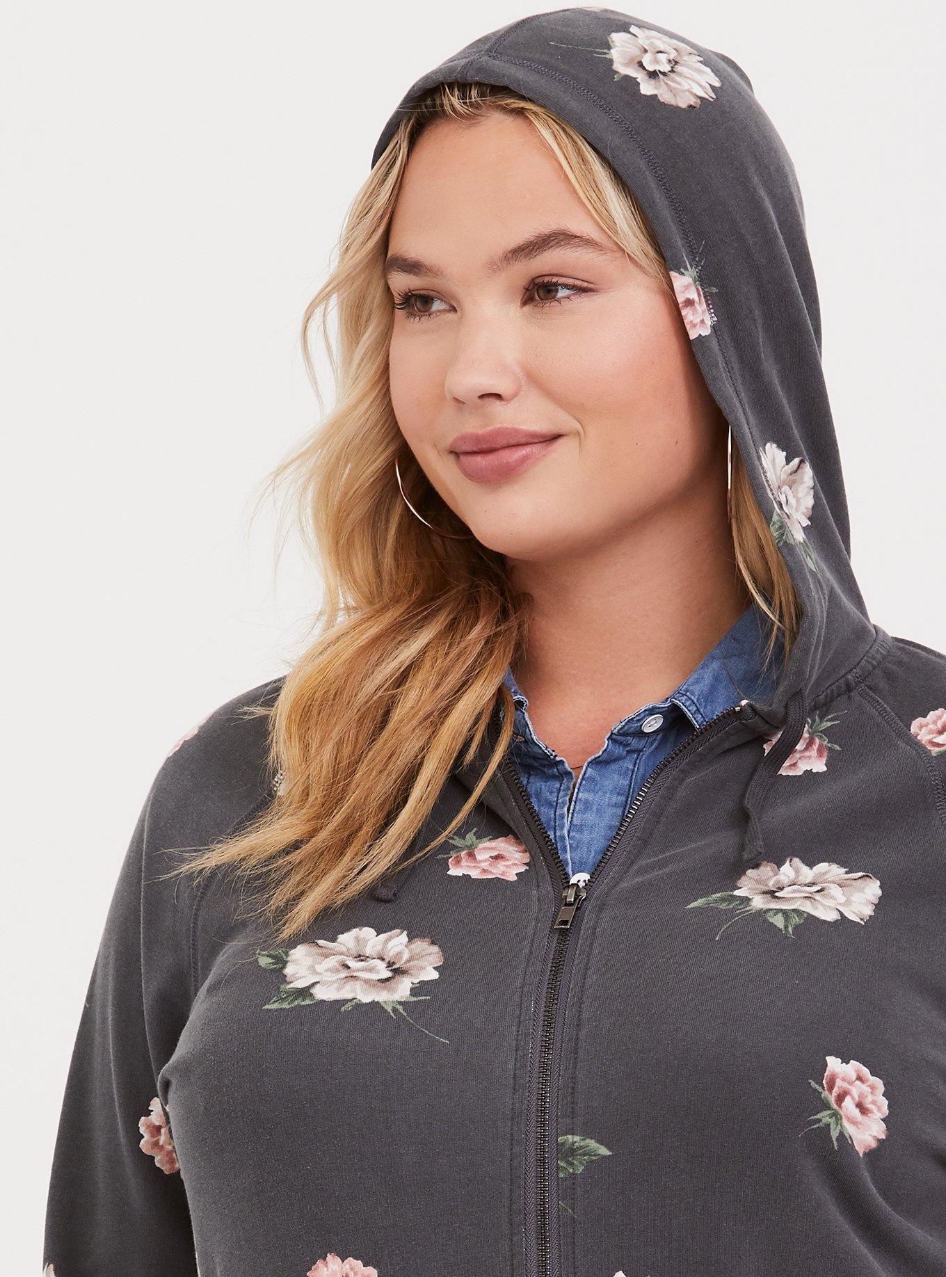 Plus Size Grey Floral Zip Hooded Jacket, FLORAL PRINT, alternate