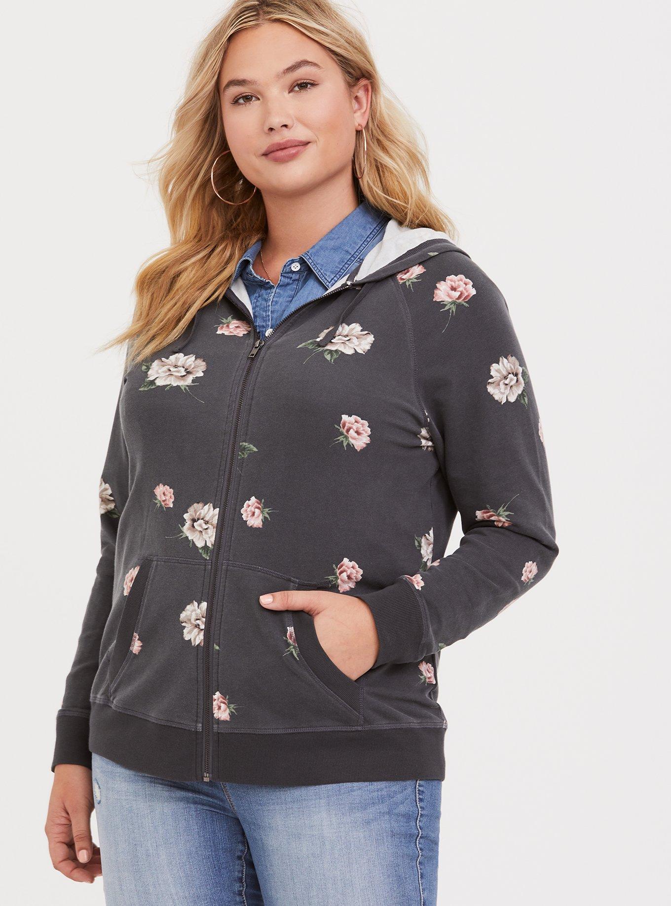 Plus Size - Grey Floral Zip Hooded Jacket - Torrid