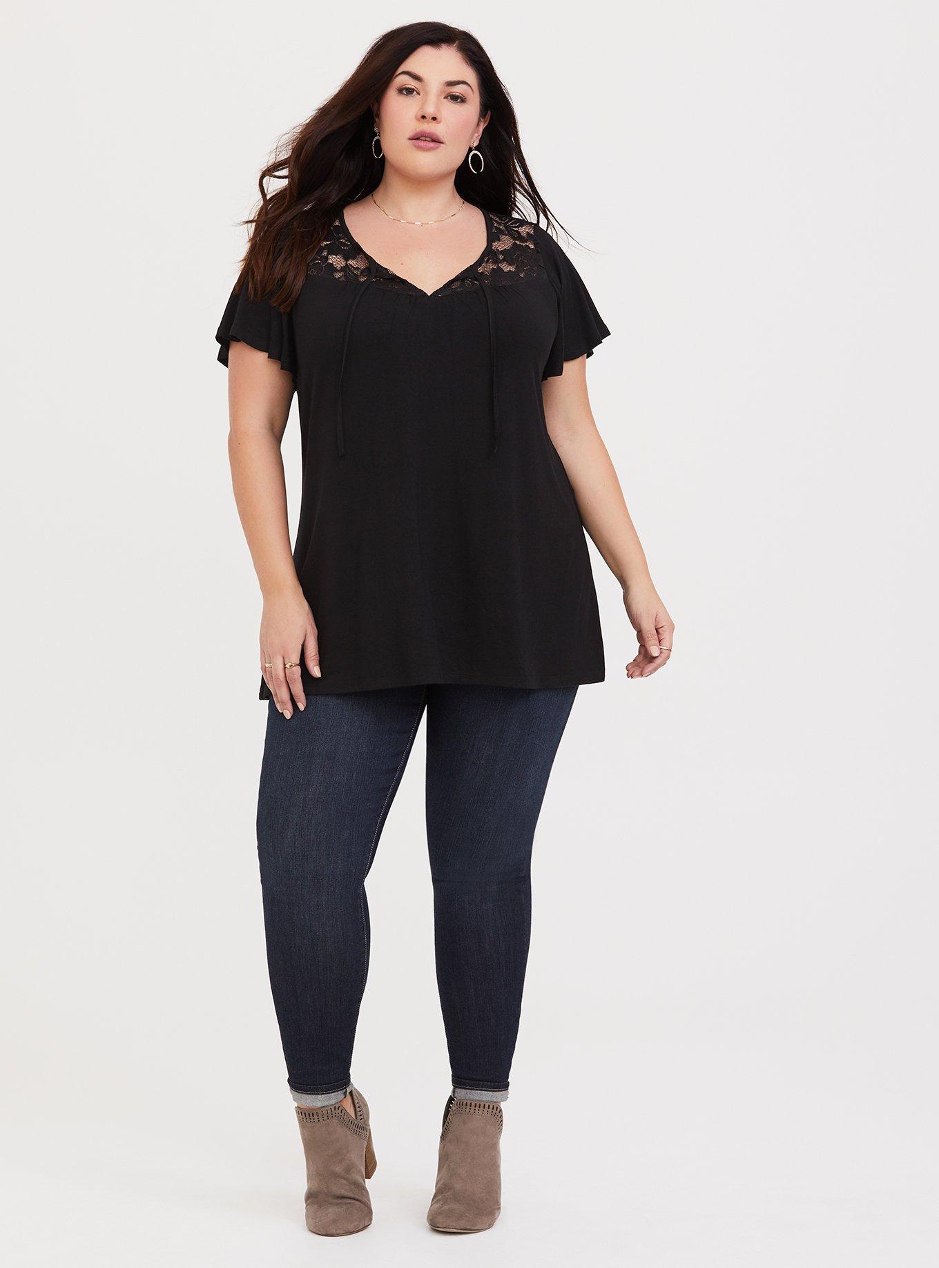 Plus Size Super Soft V-Neck Lace Inset Flutter Sleeve Tee, DEEP BLACK, alternate