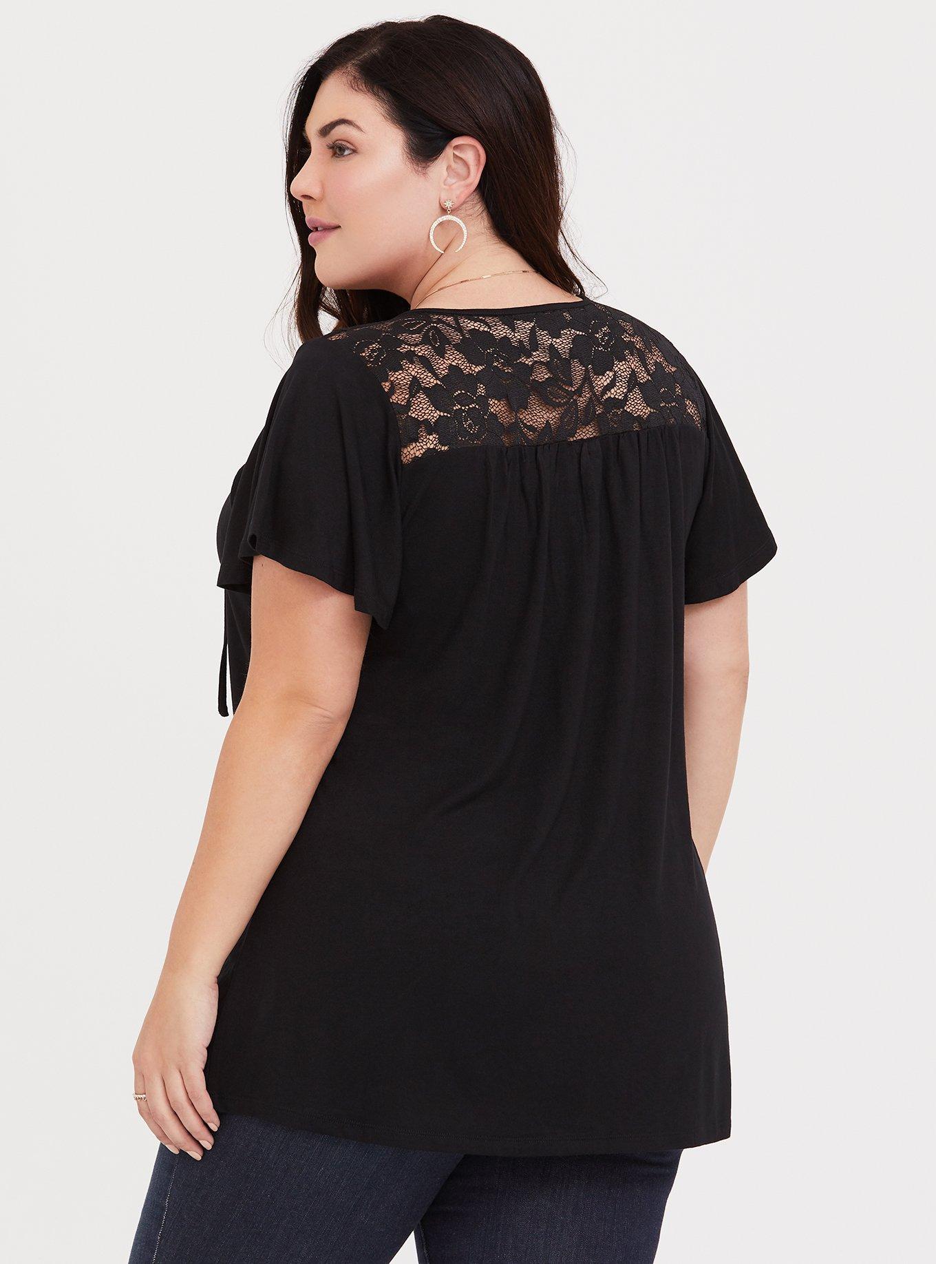 Plus Size Super Soft V-Neck Lace Inset Flutter Sleeve Tee, DEEP BLACK, alternate