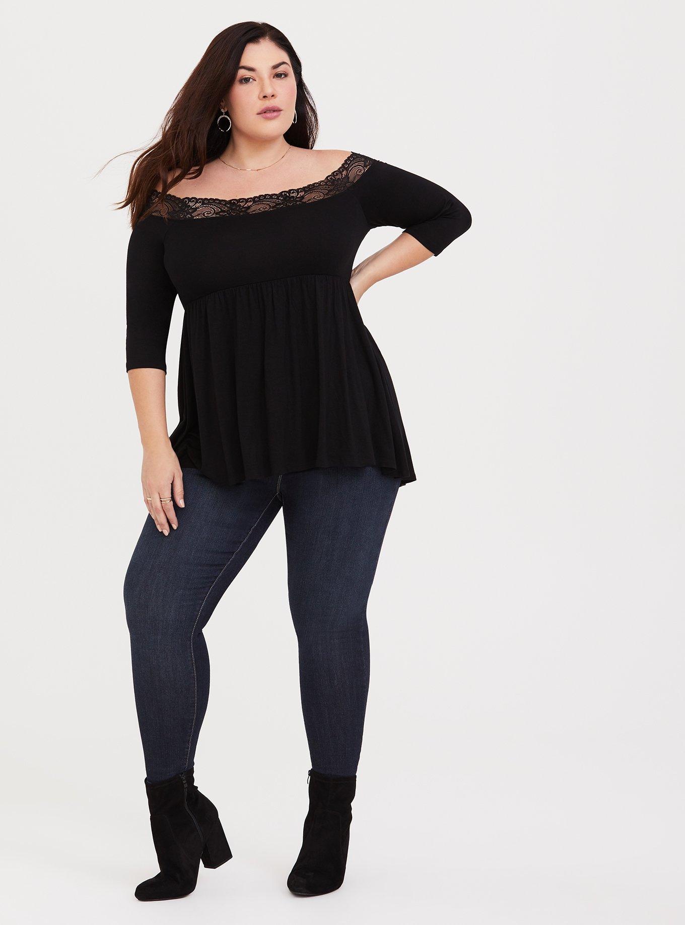 Plus Size Super Soft Off-Shoulder Babydoll Top, DEEP BLACK, alternate