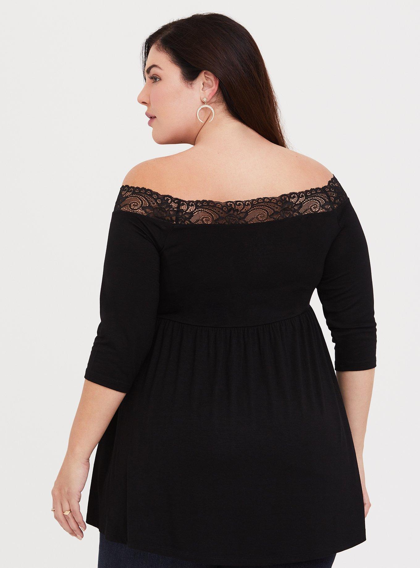 Plus Size Super Soft Off-Shoulder Babydoll Top, DEEP BLACK, alternate