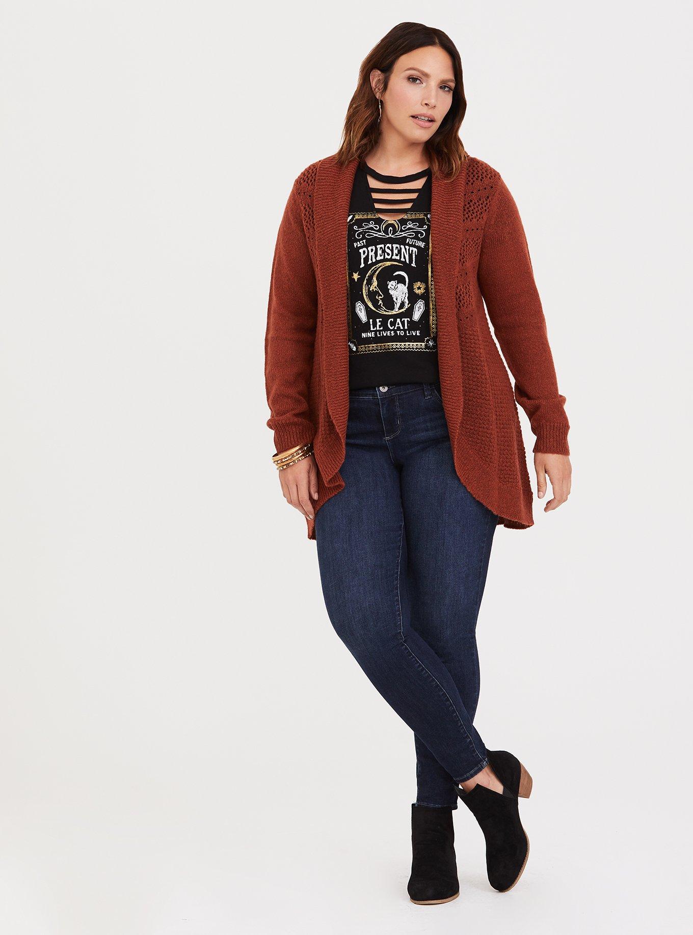 Pointelle Cardigan Curve Front Shawl Sweater, BRICK, alternate
