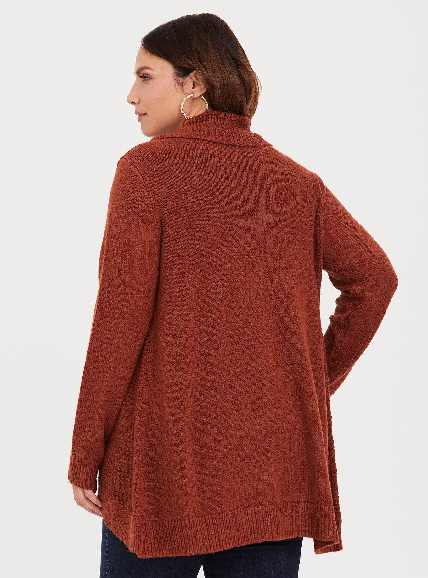 Pointelle Cardigan Curve Front Shawl Sweater, BRICK, alternate