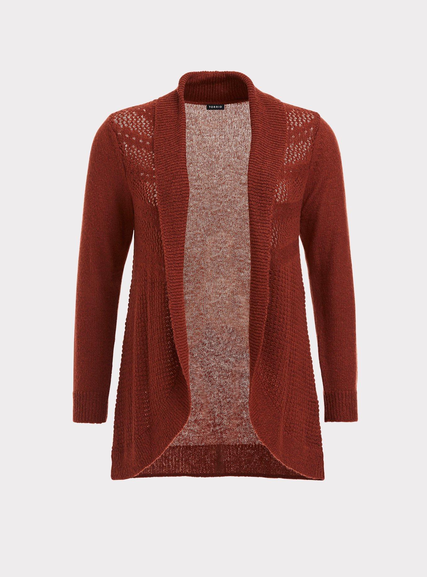 Pointelle Cardigan Curve Front Shawl Sweater, BRICK, hi-res