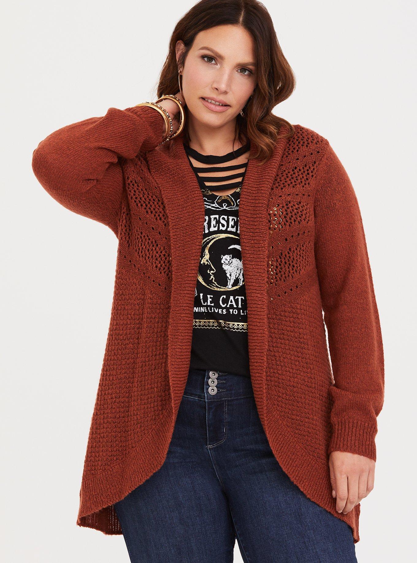 Pointelle Cardigan Curve Front Shawl Sweater, BRICK, hi-res