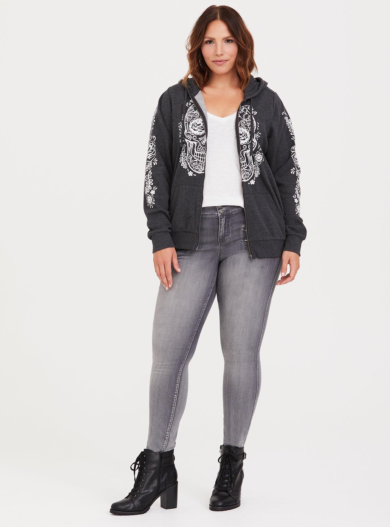 Plus Size - Grey Sugar Skull Zip Hoodie - Torrid