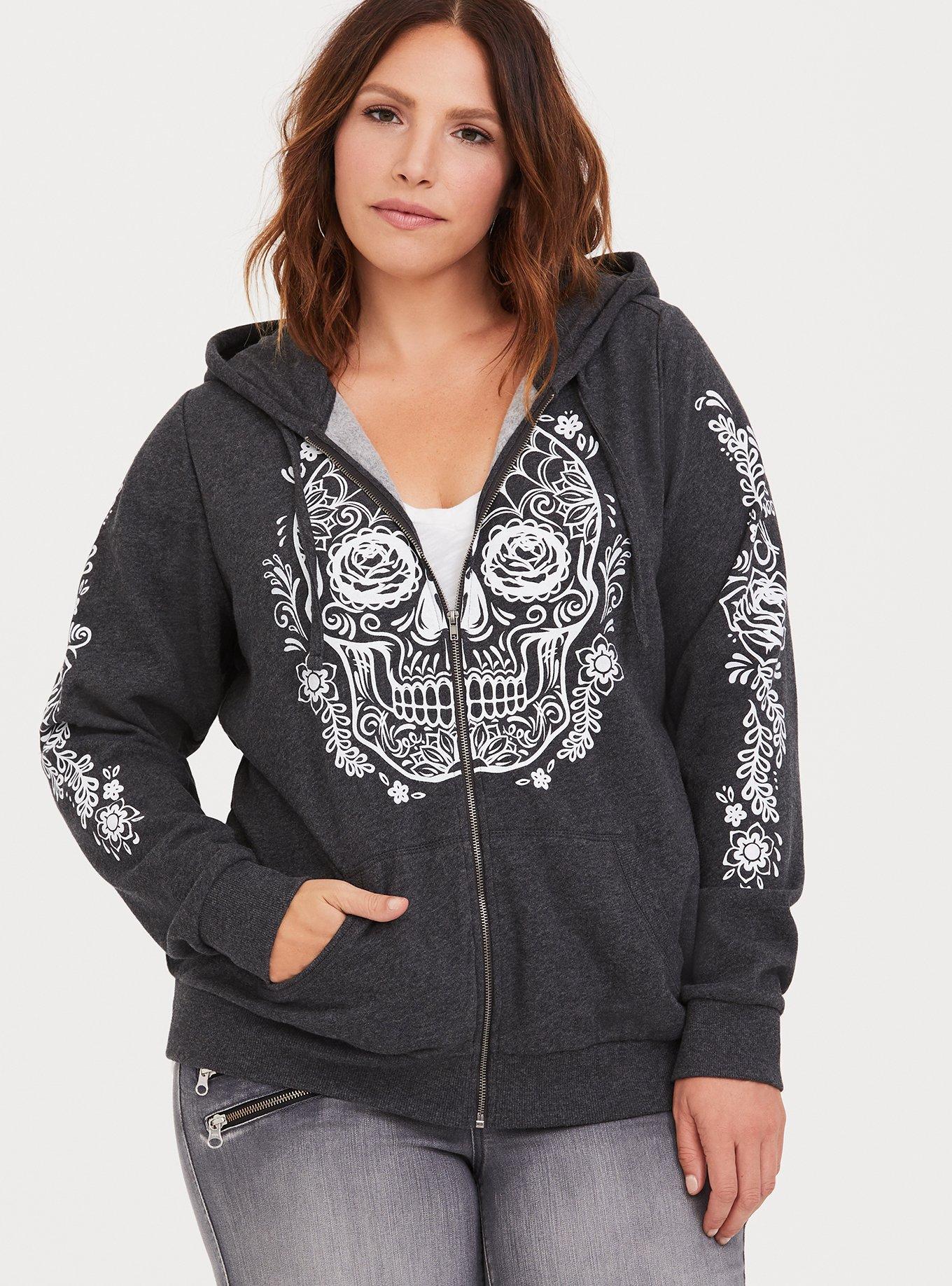 Plus Size - Grey Sugar Skull Zip Hoodie - Torrid