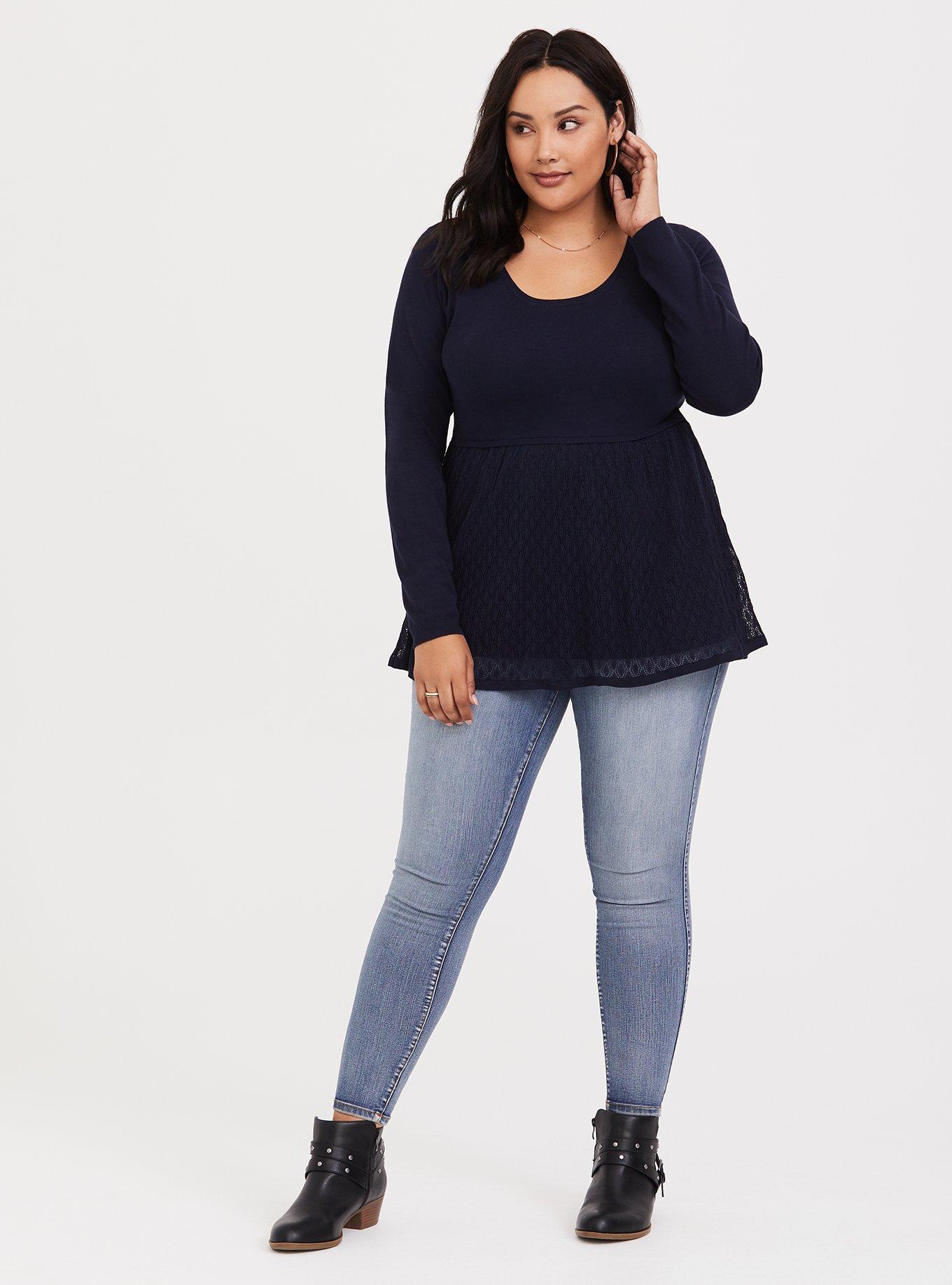 Plus Size Navy Pointelle Knit Babydoll Top, NAVY, alternate