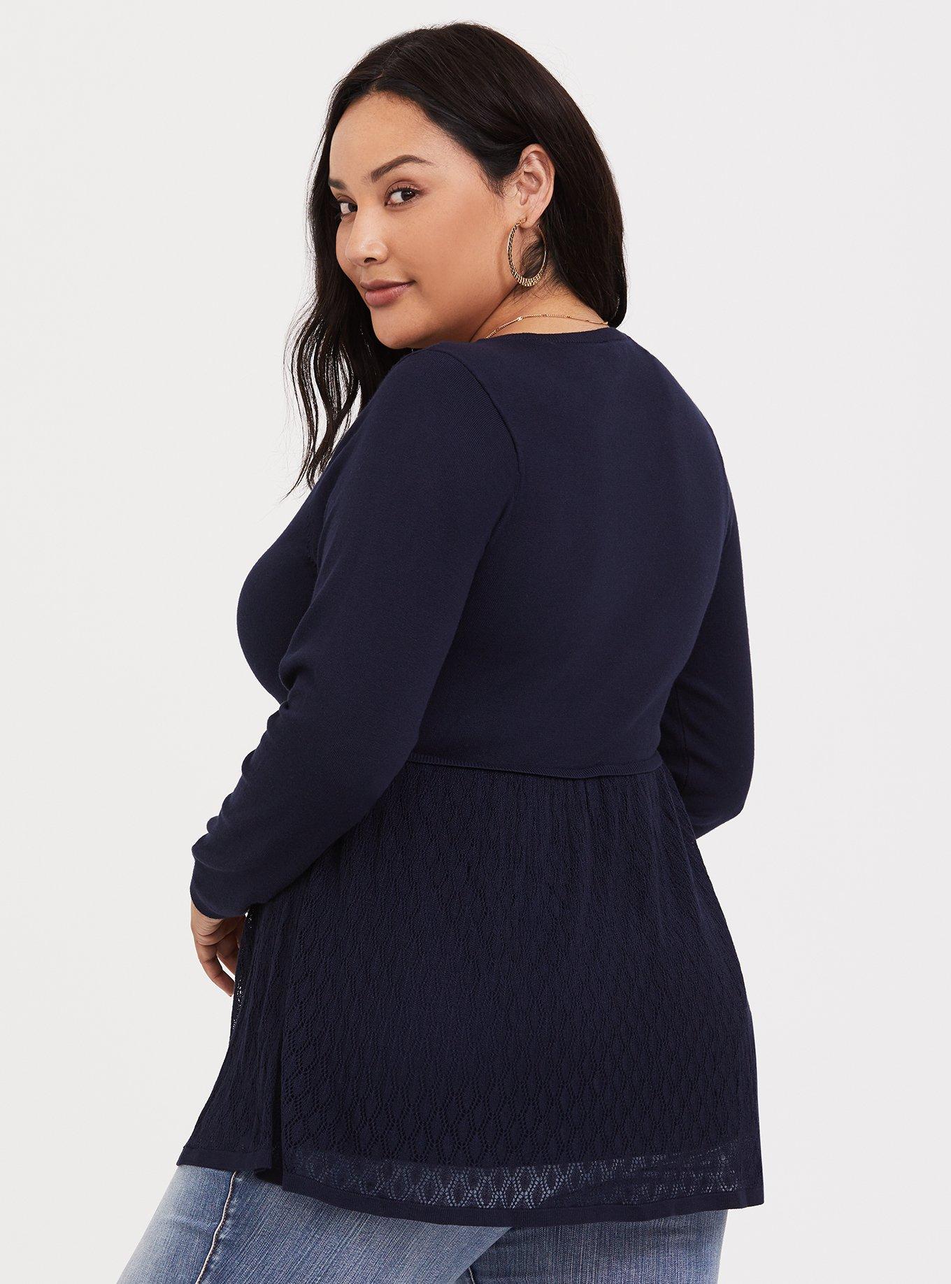 Plus Size Navy Pointelle Knit Babydoll Top, NAVY, alternate