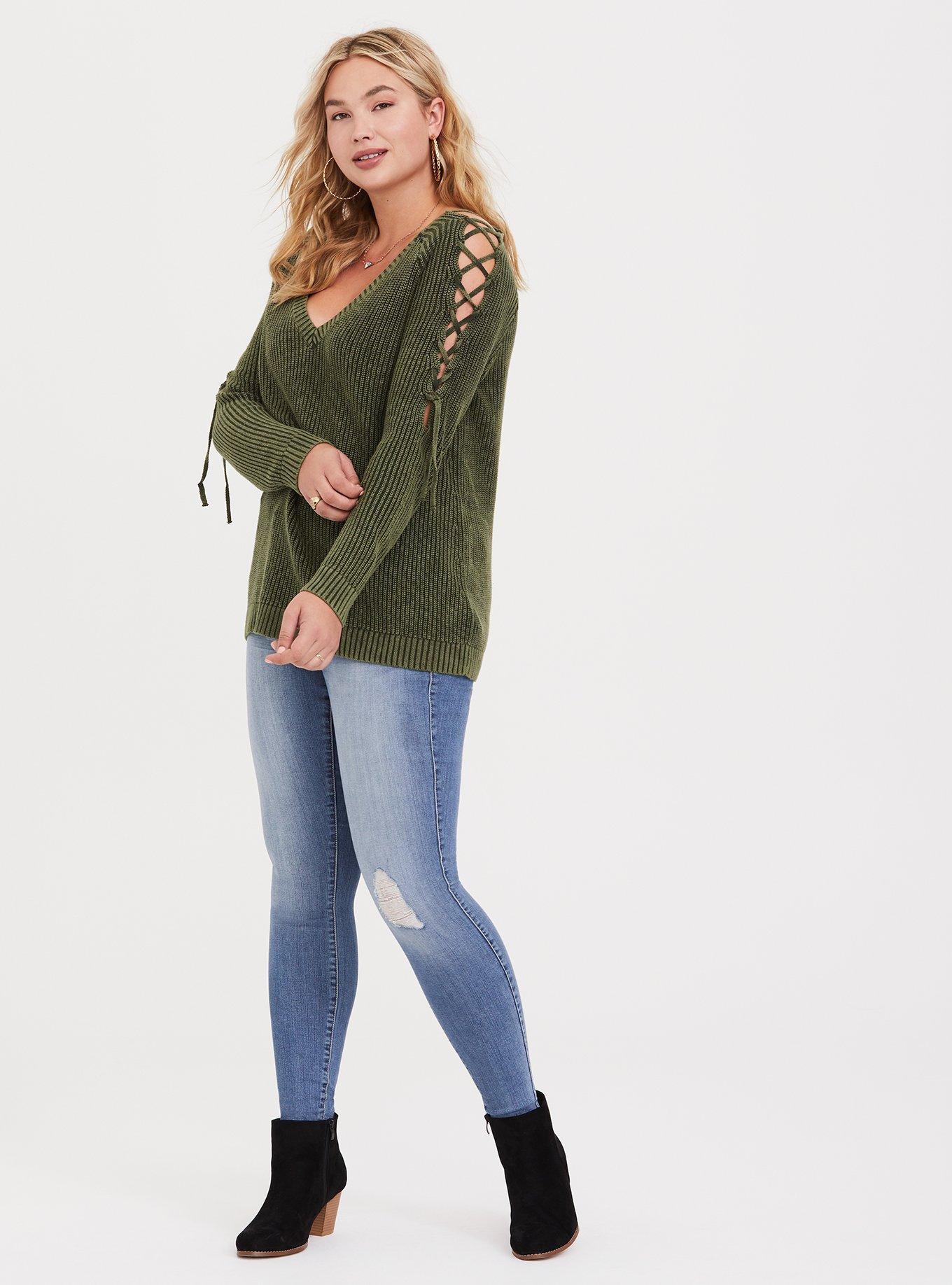 Olive Lace-Up Cold Shoulder Knit Pullover, , alternate