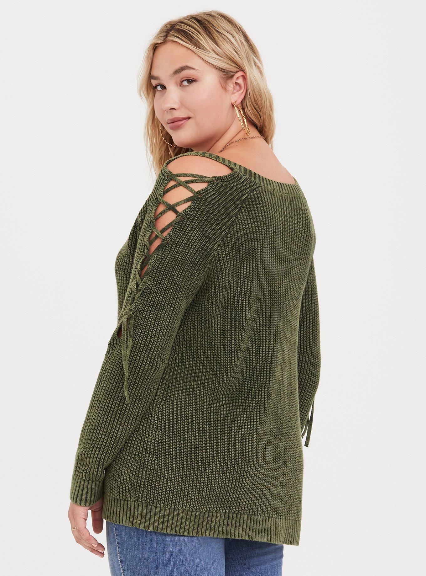 Olive Lace-Up Cold Shoulder Knit Pullover, , alternate