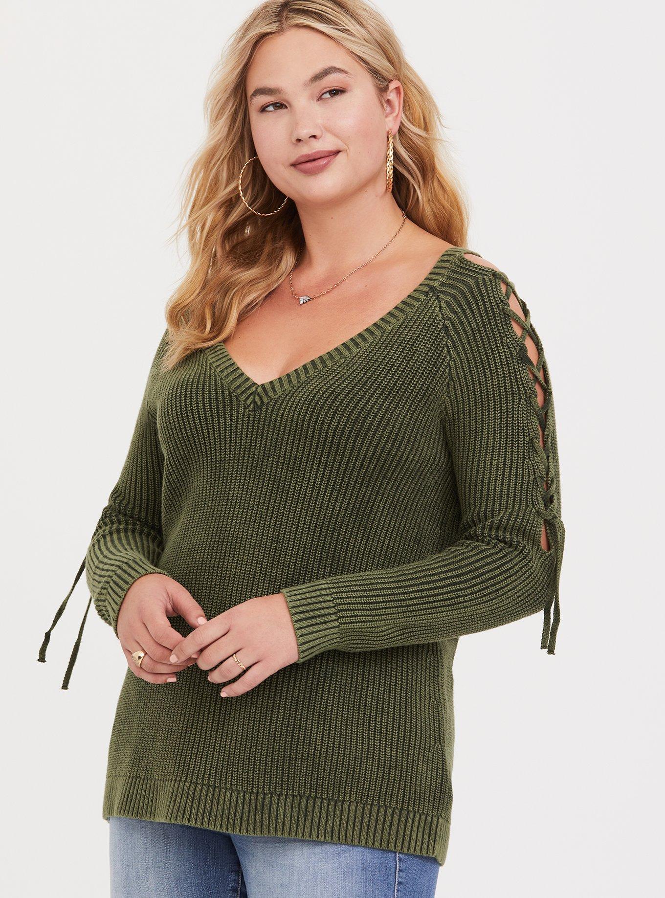 Olive Lace-Up Cold Shoulder Knit Pullover, , alternate