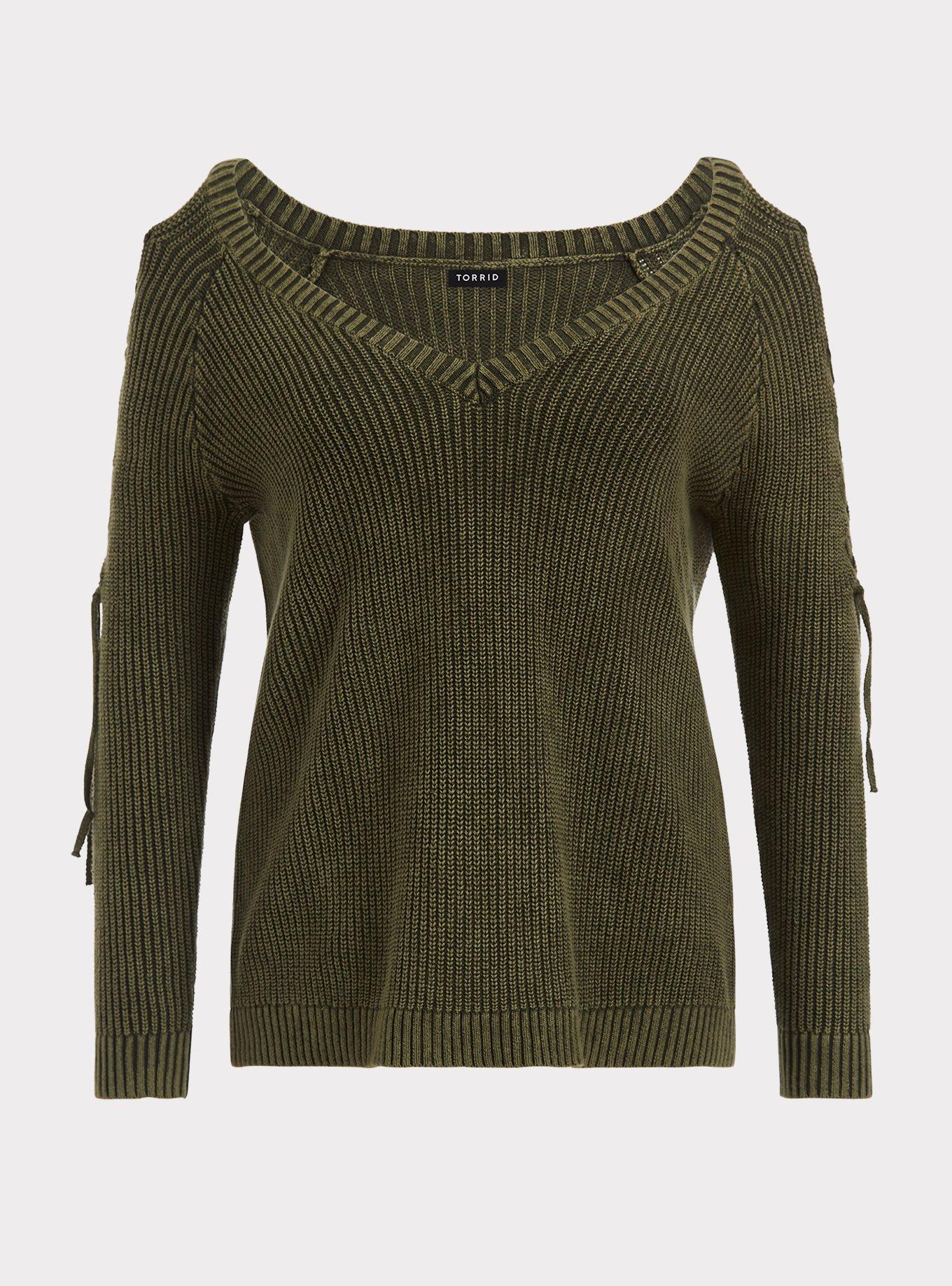 Olive Lace-Up Cold Shoulder Knit Pullover, , hi-res