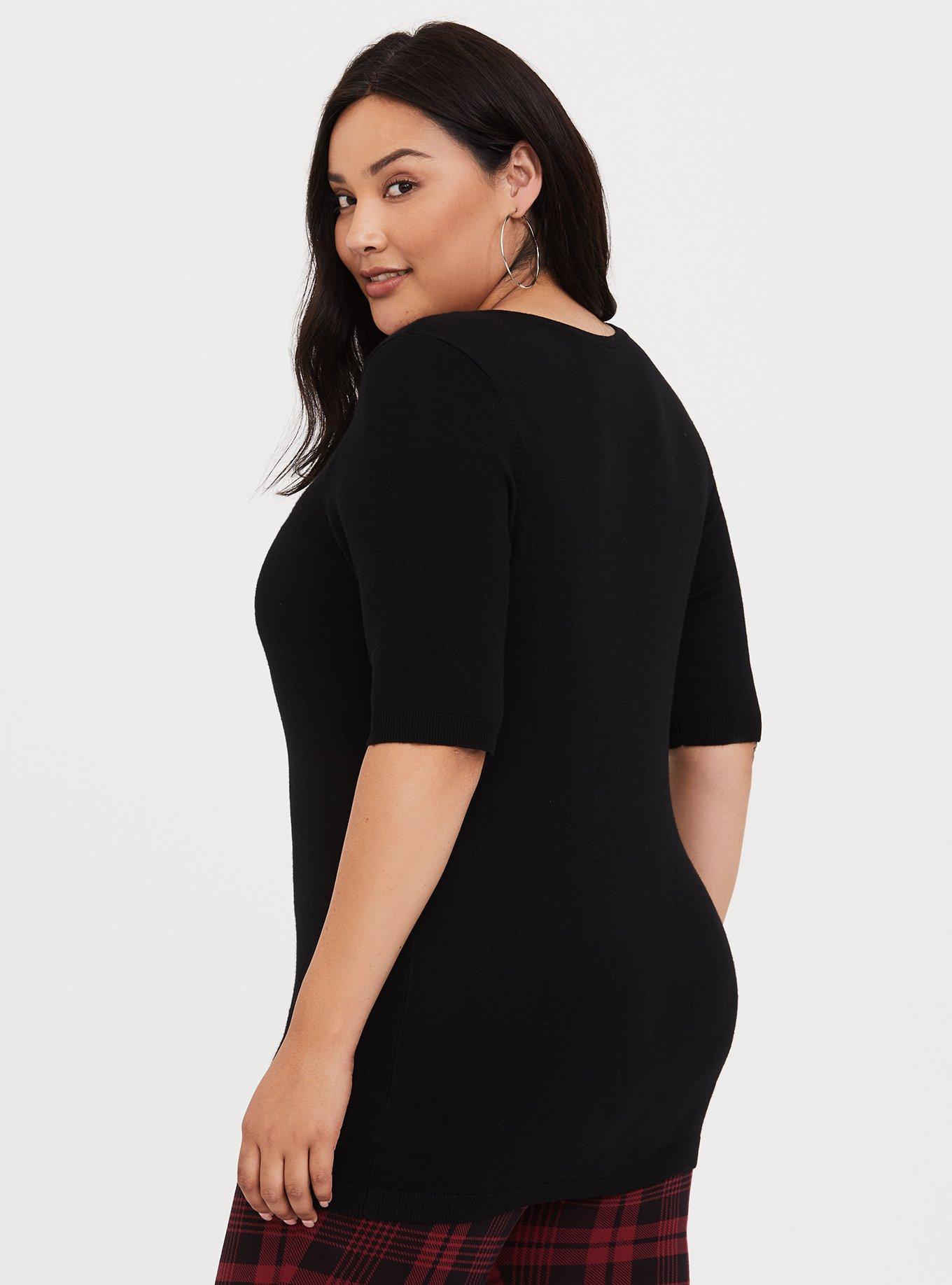 Plus Size Black Lattice Short Sleeve Sweater, BLACK, alternate