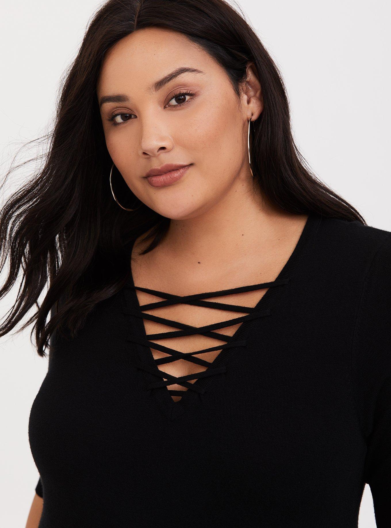Plus Size Black Lattice Short Sleeve Sweater, BLACK, alternate