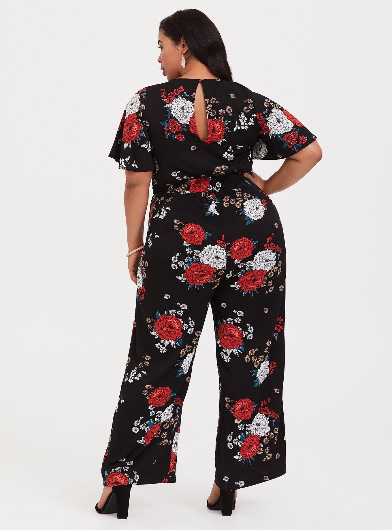 Plus Size Black Floral Wide Leg Challis Jumpsuit, BLACK FLORAL, alternate