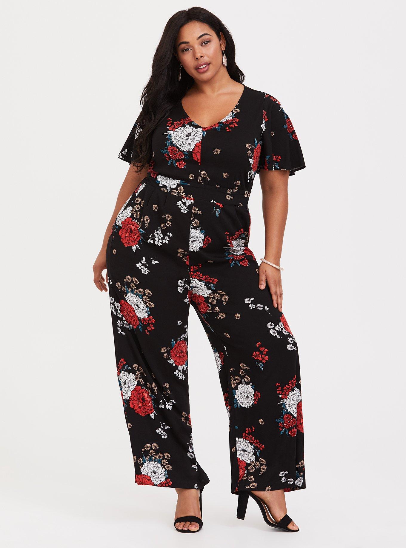 Black Floral Wide Leg Challis Jumpsuit, , hi-res