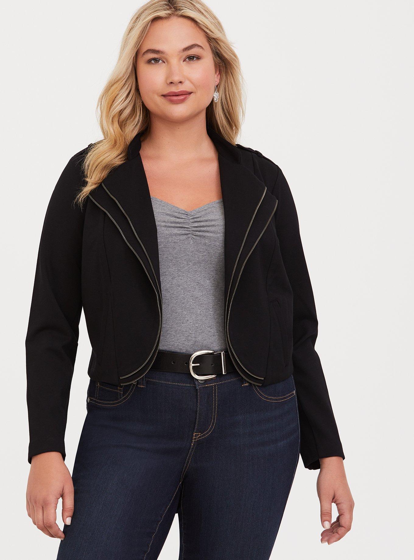 Plus Size - Black Double Zip Drape Ponte Blazer - Torrid