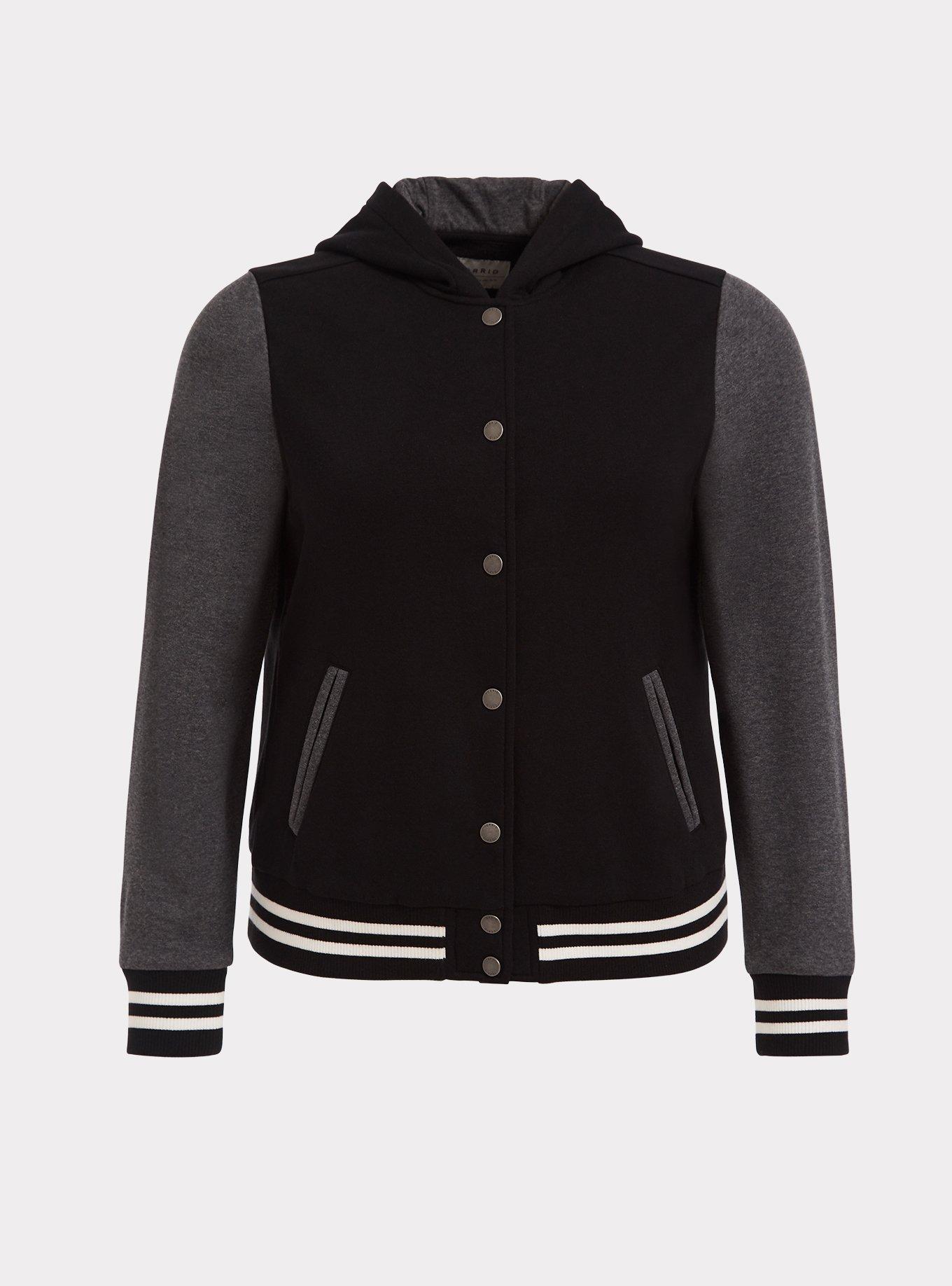 Plus Size Black & Grey Varsity Bomber Jacket, , hi-res