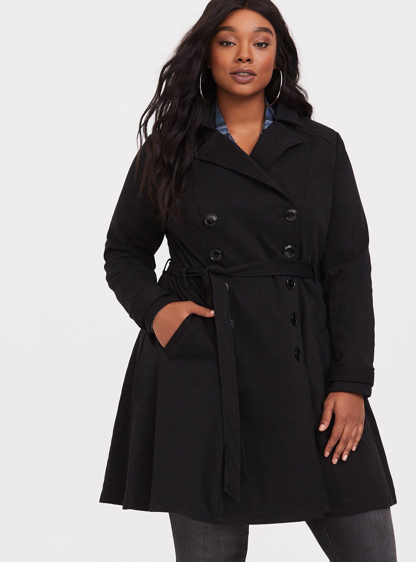 Plus Size - Black Slub Fit & Flare Trench Coat - Torrid