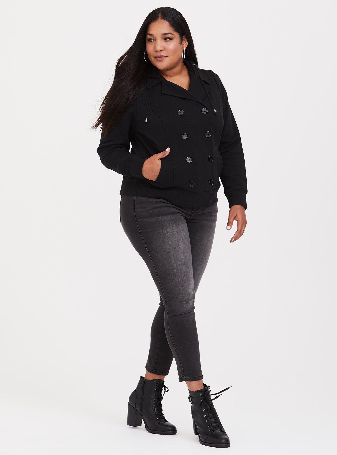 Plus Size - Black Double Breasted Sweater Bomber Jacket - Torrid