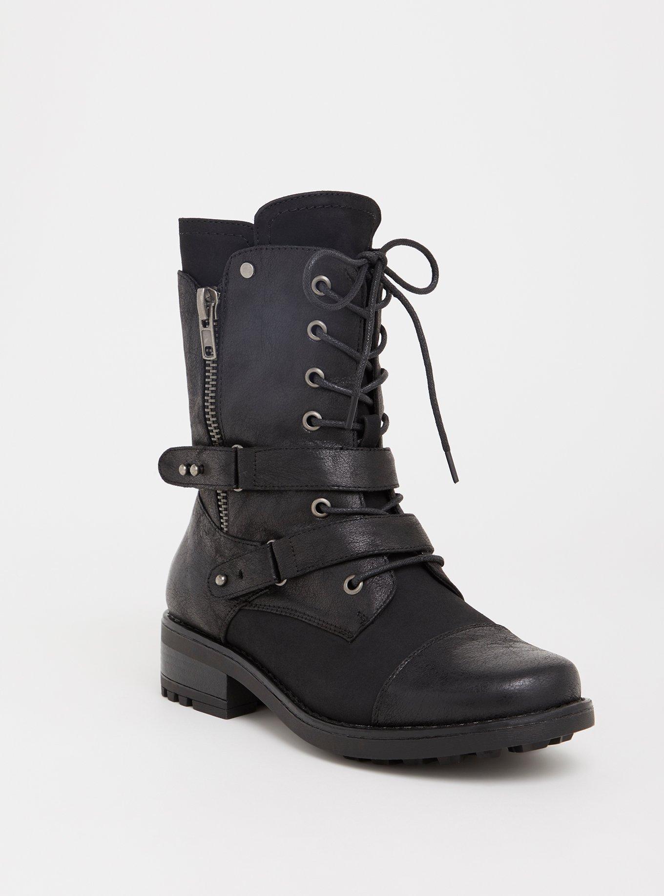 Plus Size Black Oil Strappy Combat Boot WW Torrid