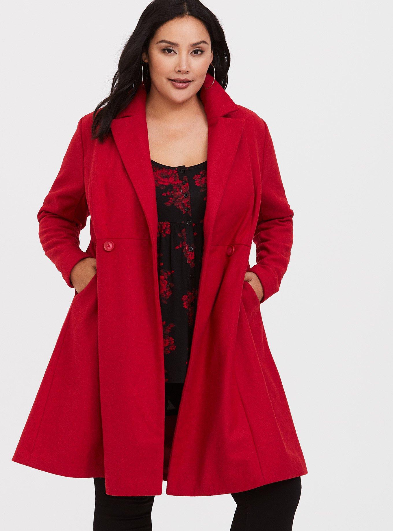 Shop Plus Size Wool Blend Coat in Red, Sizes 12-30